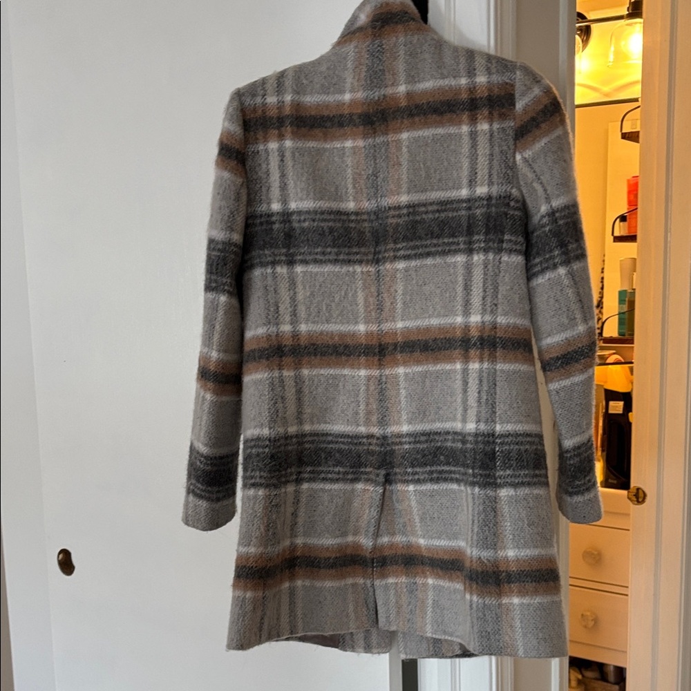 LOFT Plaid Wool Blend Funnel Neck Coat Gray Brown XS - Picture 3 of 3